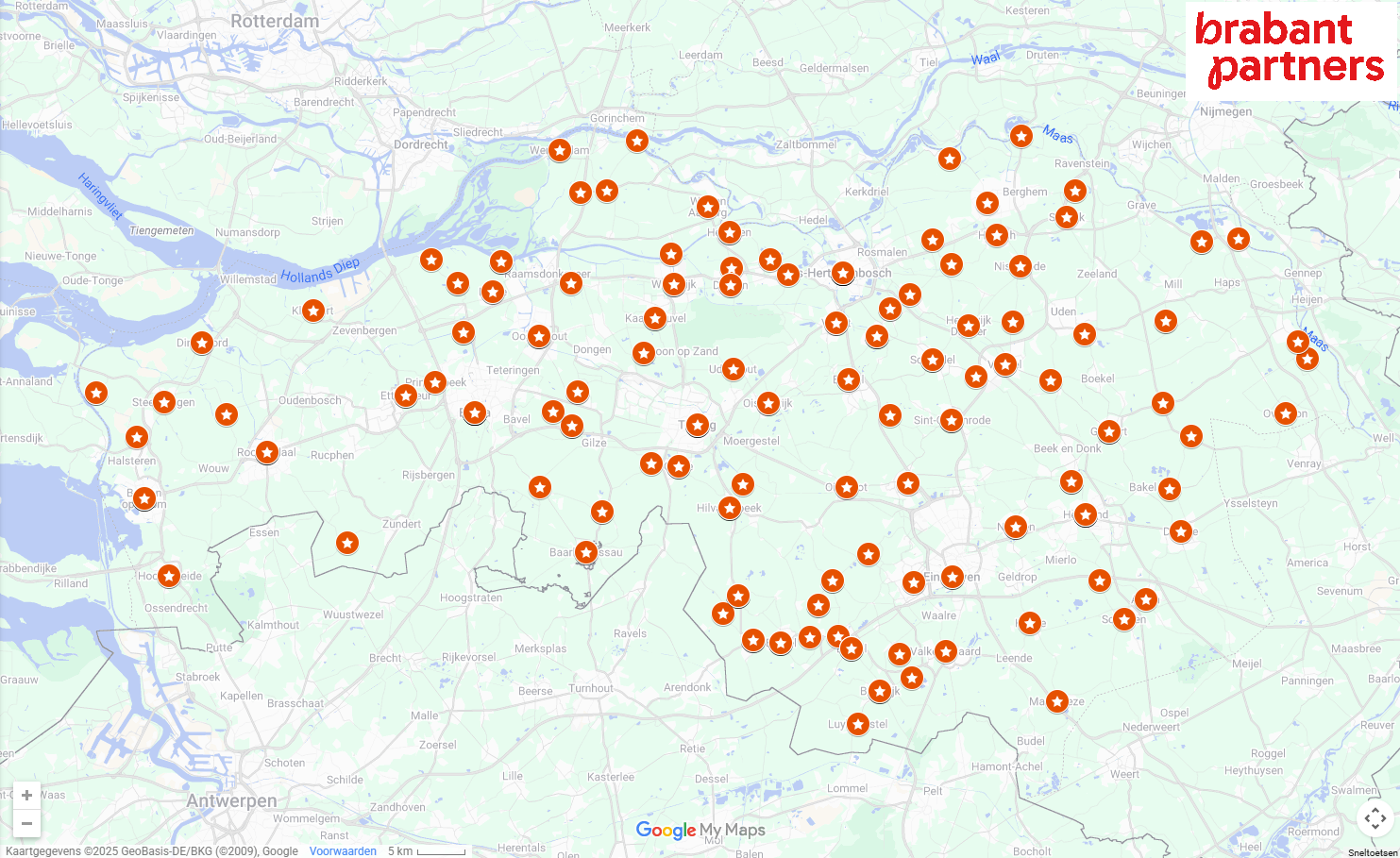 Kaart van Brabant met deelnemers aan de Brabantse Gastvrijheid Award aangestipt